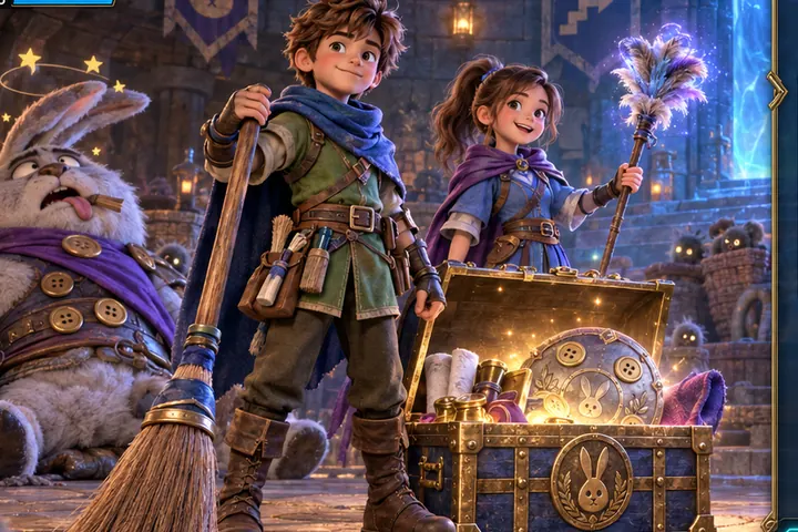 Rowan and Mira celebrate beside an open treasure chest after defeating the Dust Bunny Captain.